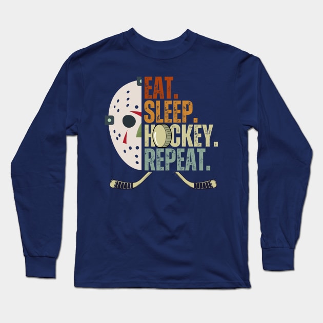 Eat Sleep Hockey Repeat Kids Adult Ice Hockey Retro Vintage Long Sleeve T-Shirt by Just Me Store